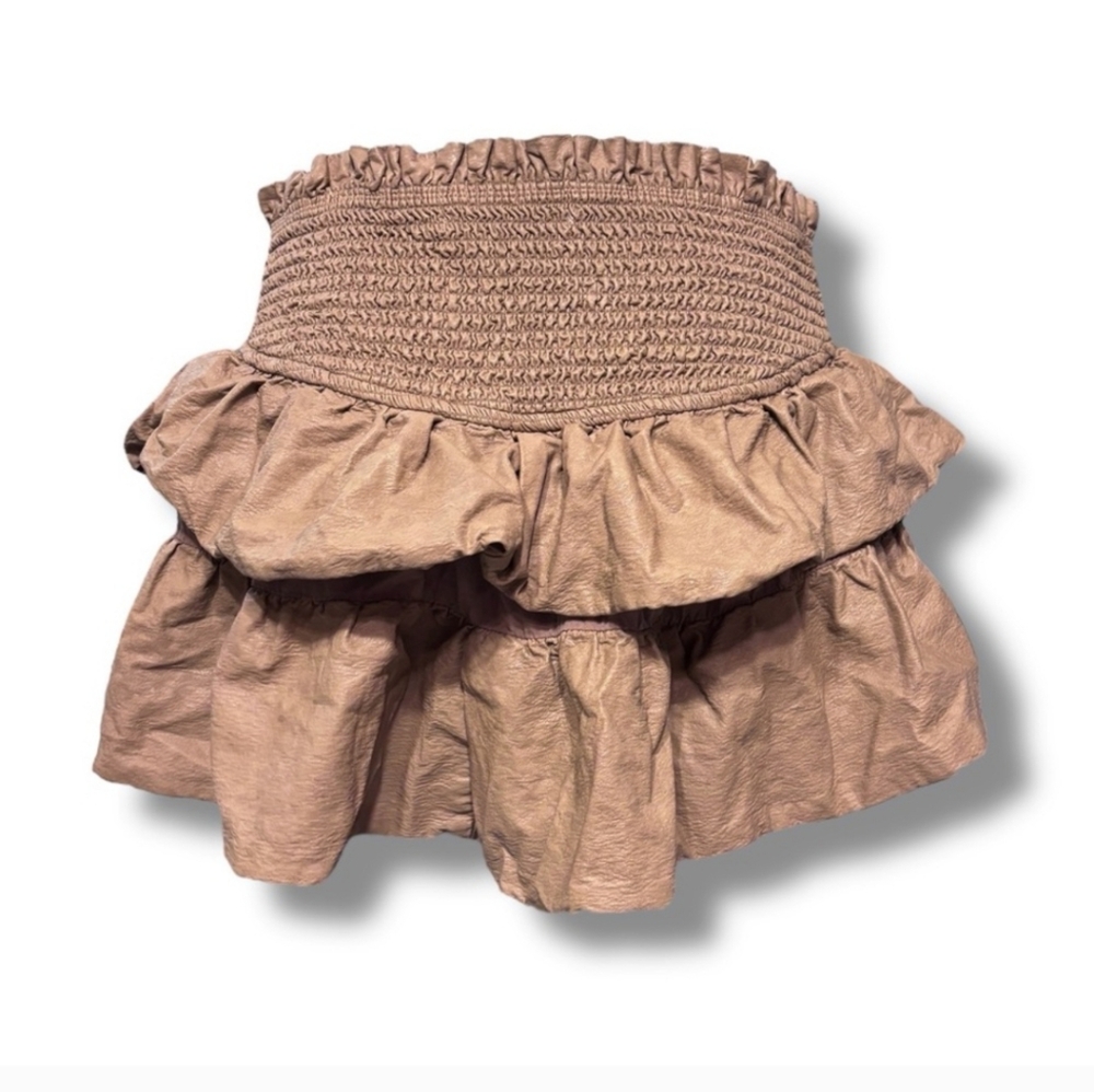 MUSTARD SEED Tan Faux Leather Tiered Smocked Drop Waist Mini Skirt